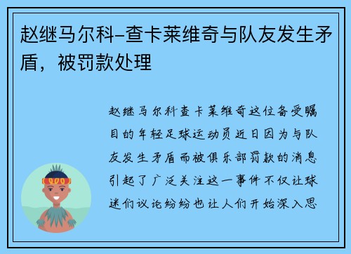 赵继马尔科-查卡莱维奇与队友发生矛盾，被罚款处理