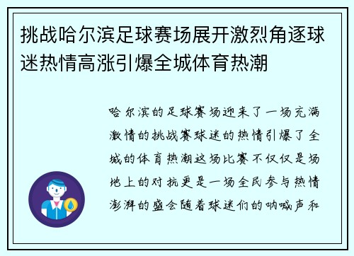 挑战哈尔滨足球赛场展开激烈角逐球迷热情高涨引爆全城体育热潮