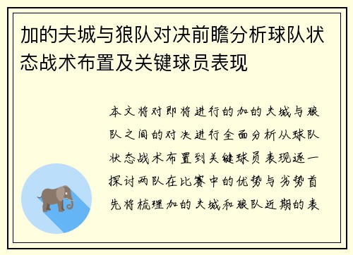 加的夫城与狼队对决前瞻分析球队状态战术布置及关键球员表现
