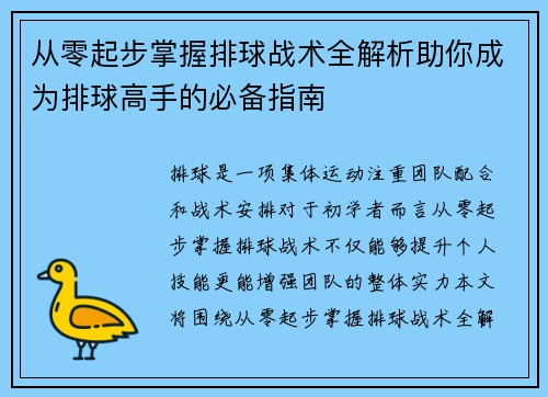 从零起步掌握排球战术全解析助你成为排球高手的必备指南