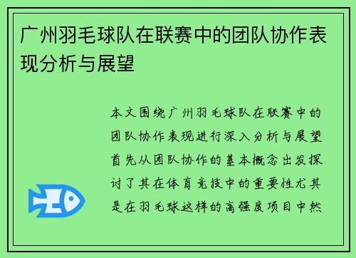 广州羽毛球队在联赛中的团队协作表现分析与展望